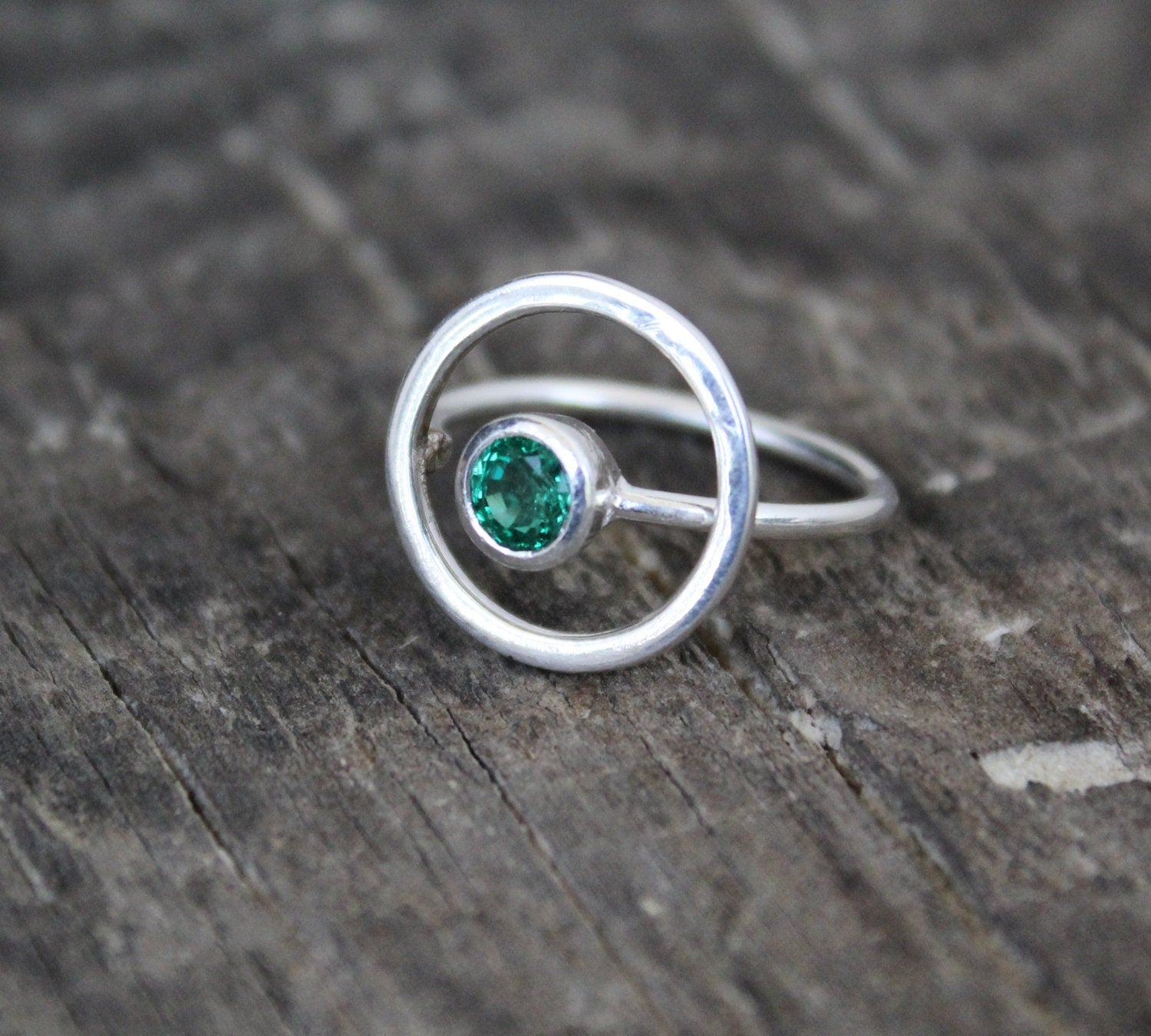 Natural Emerald Sterling Silver Ring, Modern May Birthstone Jewelry, emerald engagment ring