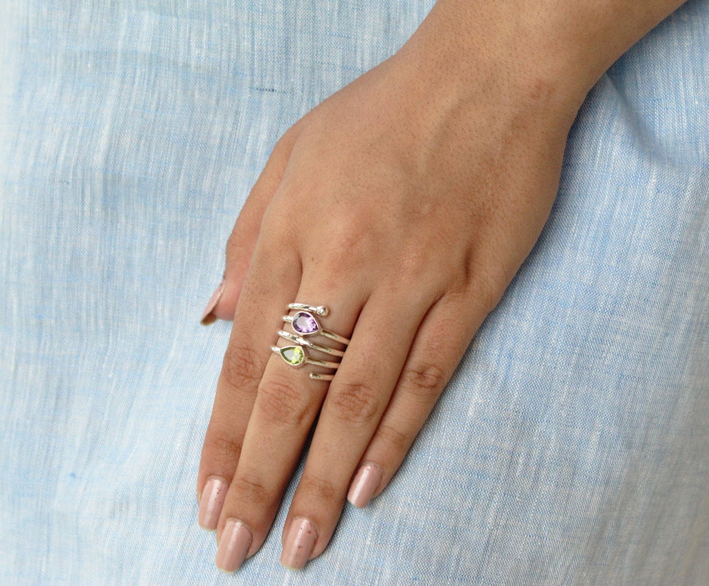 Amethyst Ring, Sterling Silver Spiral Ring, Multi Stone, Feburary August Birthstone, Natural Peridot Sterling Silver Ring