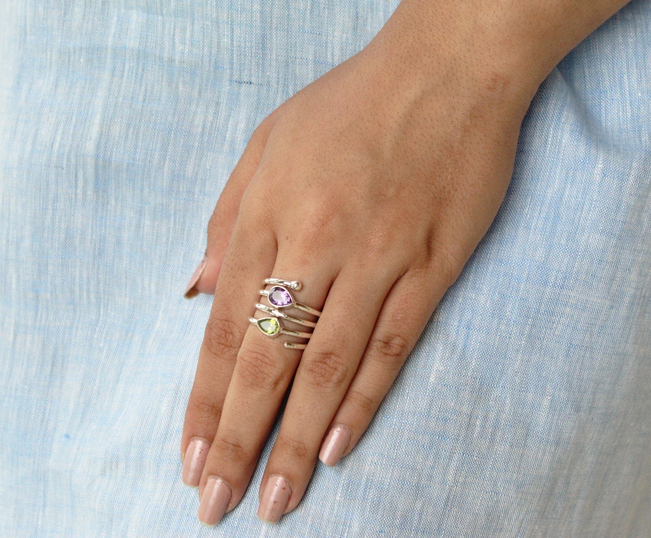 Amethyst Ring, Sterling Silver Spiral Ring, Multi Stone, Feburary August Birthstone, Natural Peridot Sterling Silver Ring