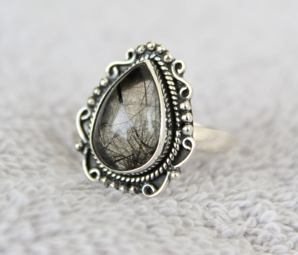 Sterling Silver Black Rutile Quartz Ring, Handmade Gemstone Jewelry, Tourmalated Black Rutile Quartz Ring 925 Sterling Silver Ring