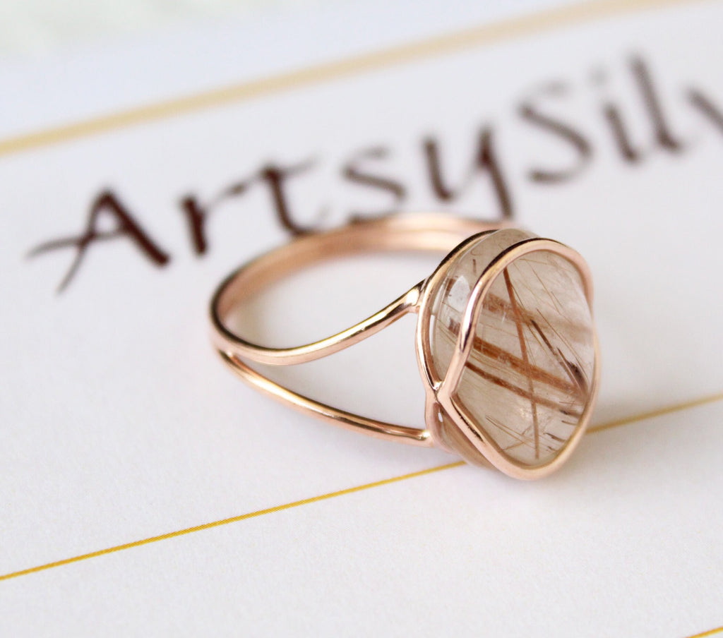 Golden Rutilated Quartz Ring, Sterling Silver, Gemini Birthstone, Natural Rutilated quartz, Gold Engagement Ring, Gift for Mom