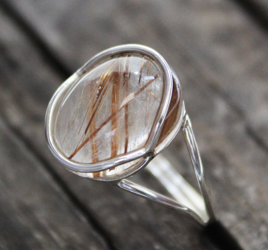 Golden Rutilated Quartz Ring, Sterling Silver, Gemini Birthstone, Natural Rutilated quartz, Gold Engagement Ring, Gift for Mom