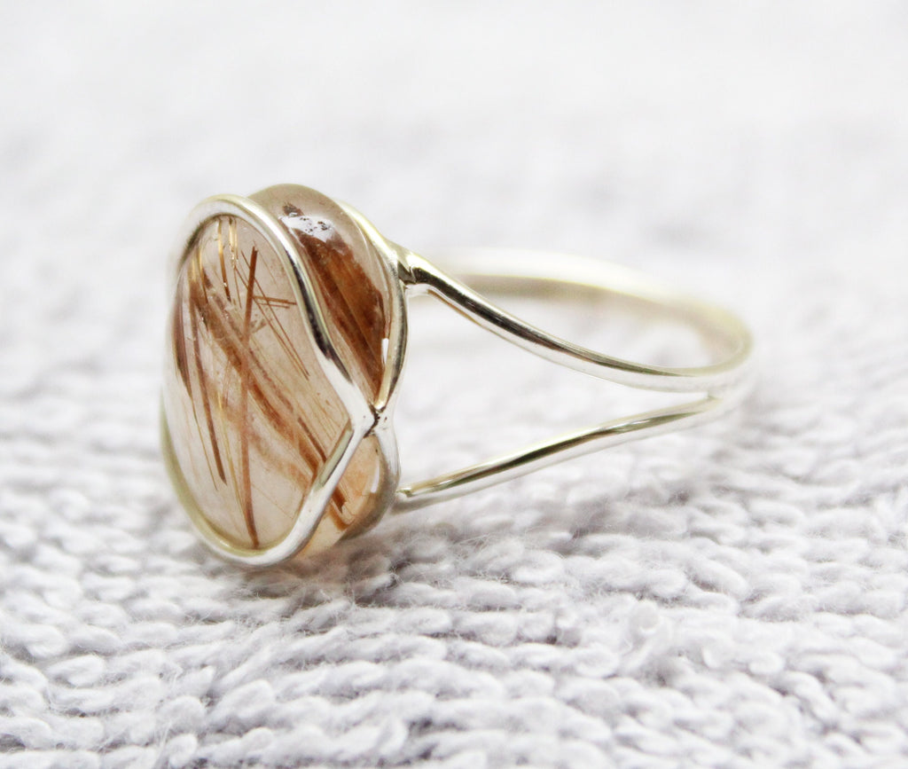 Golden Rutilated Quartz Ring, Sterling Silver, Gemini Birthstone, Natural Rutilated quartz, Gold Engagement Ring, Gift for Mom