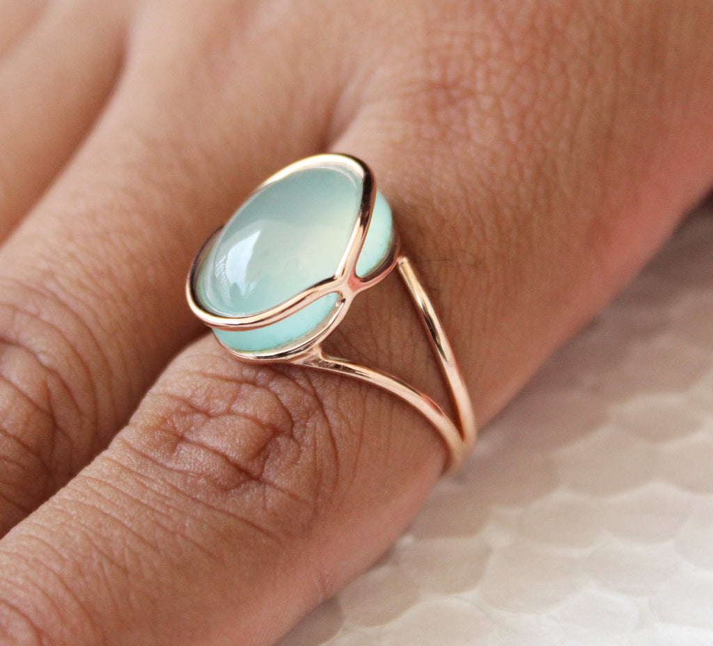 Aqua Chalcedony Ring: Oval Gemstone, 18K Gold & Sterling Silver, Handmade