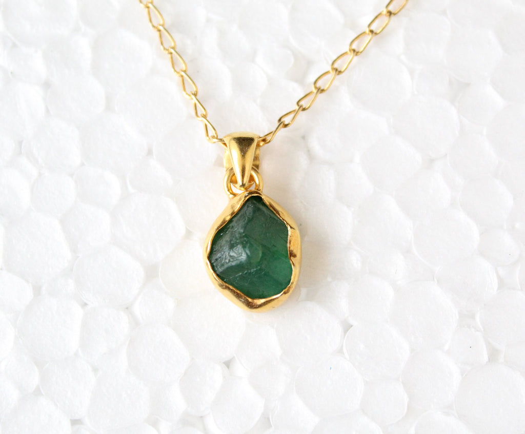 Raw Emerald Necklace: Handmade 18K Gold May Birthstone Pendant