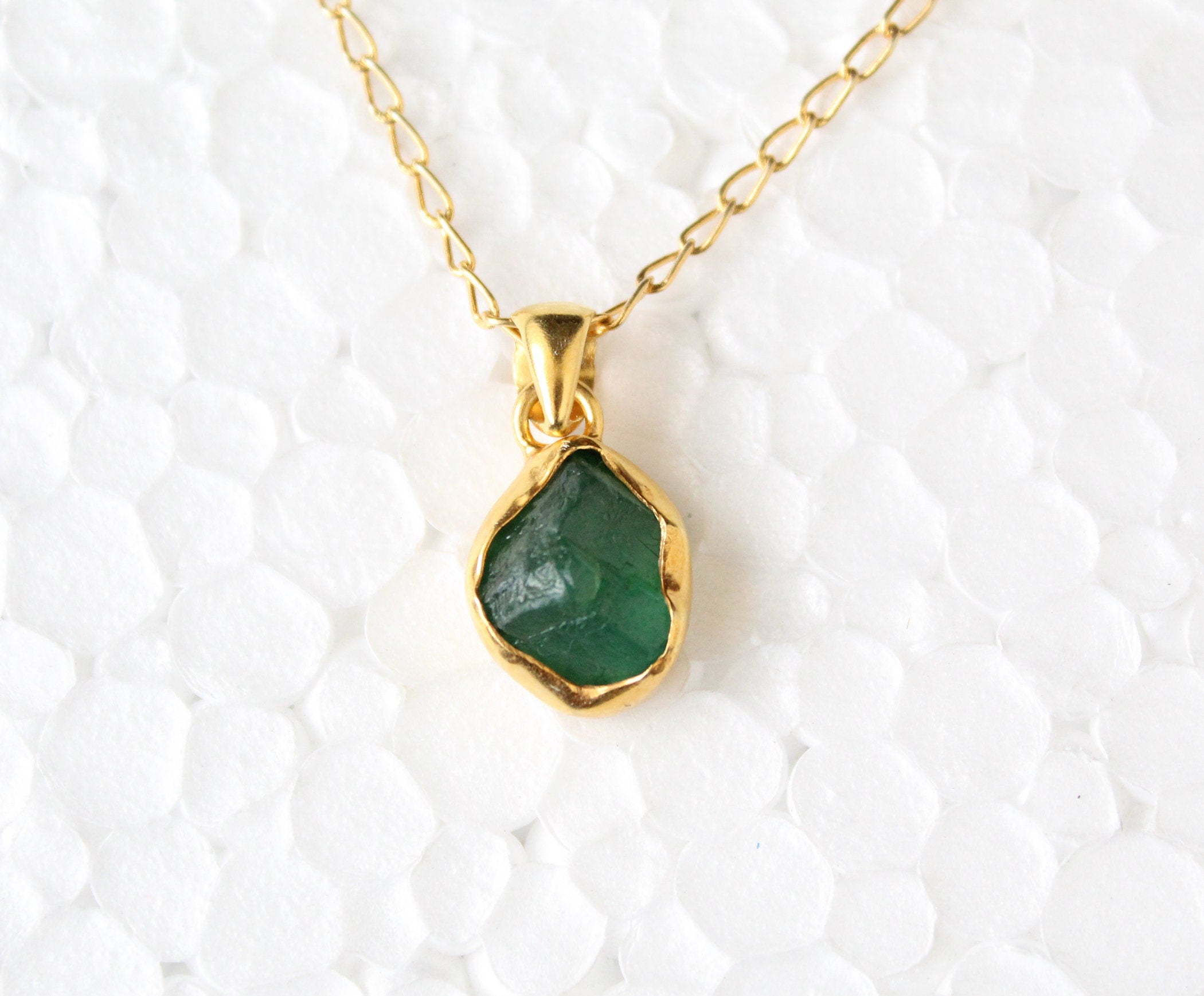 Raw Emerald Necklace: Handmade 18K Gold May Birthstone Pendant
