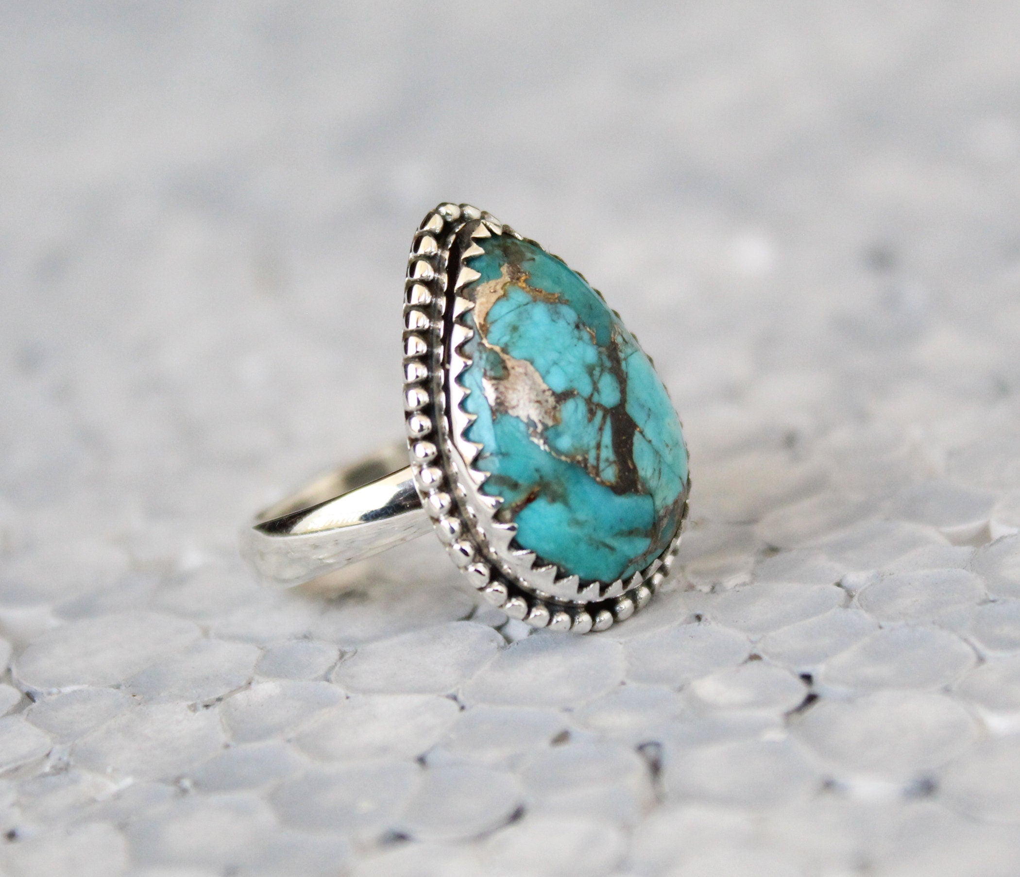 Copper Turquoise Ring, December Birthstone, Gift for Mom, turquoisering, silvered-turquoise