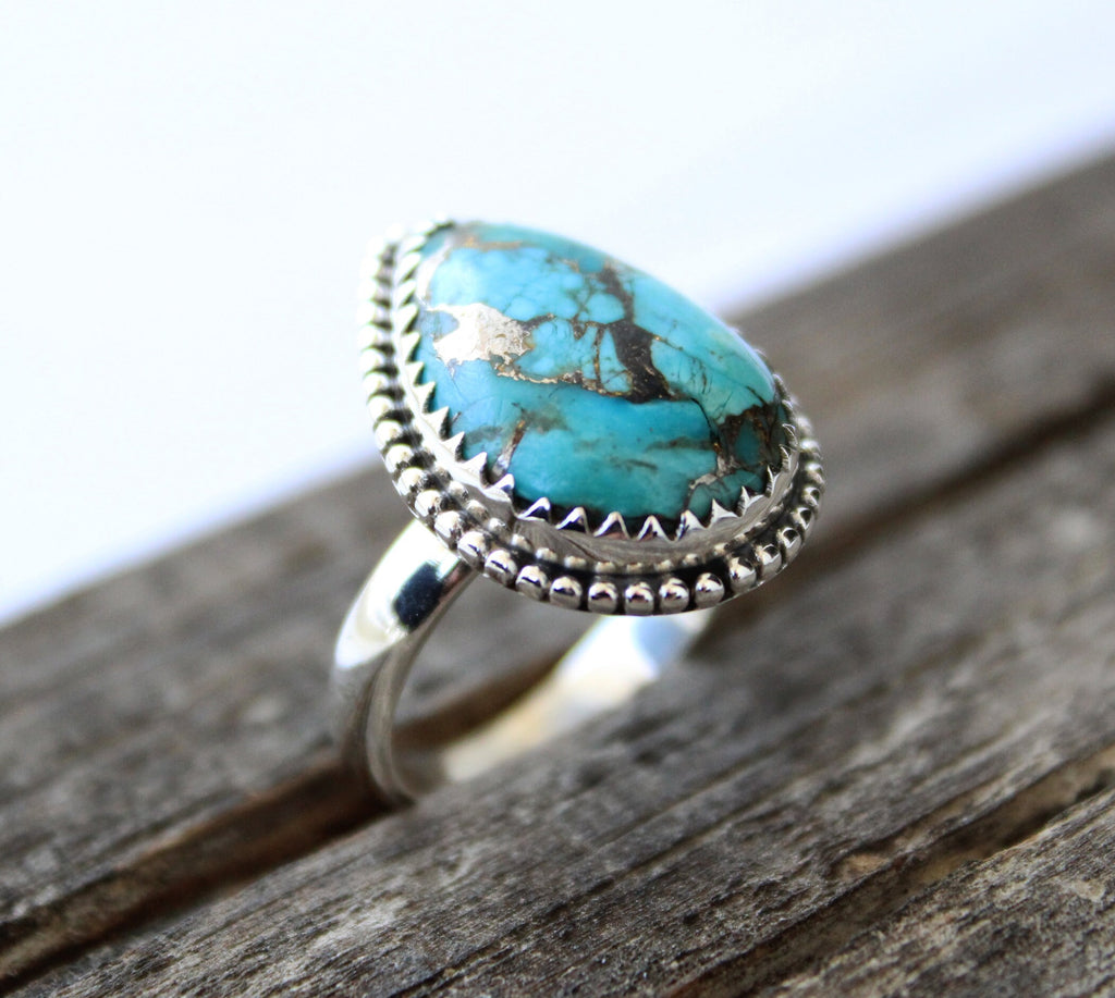 Copper Turquoise Ring, December Birthstone, Gift for Mom, turquoisering, silvered-turquoise