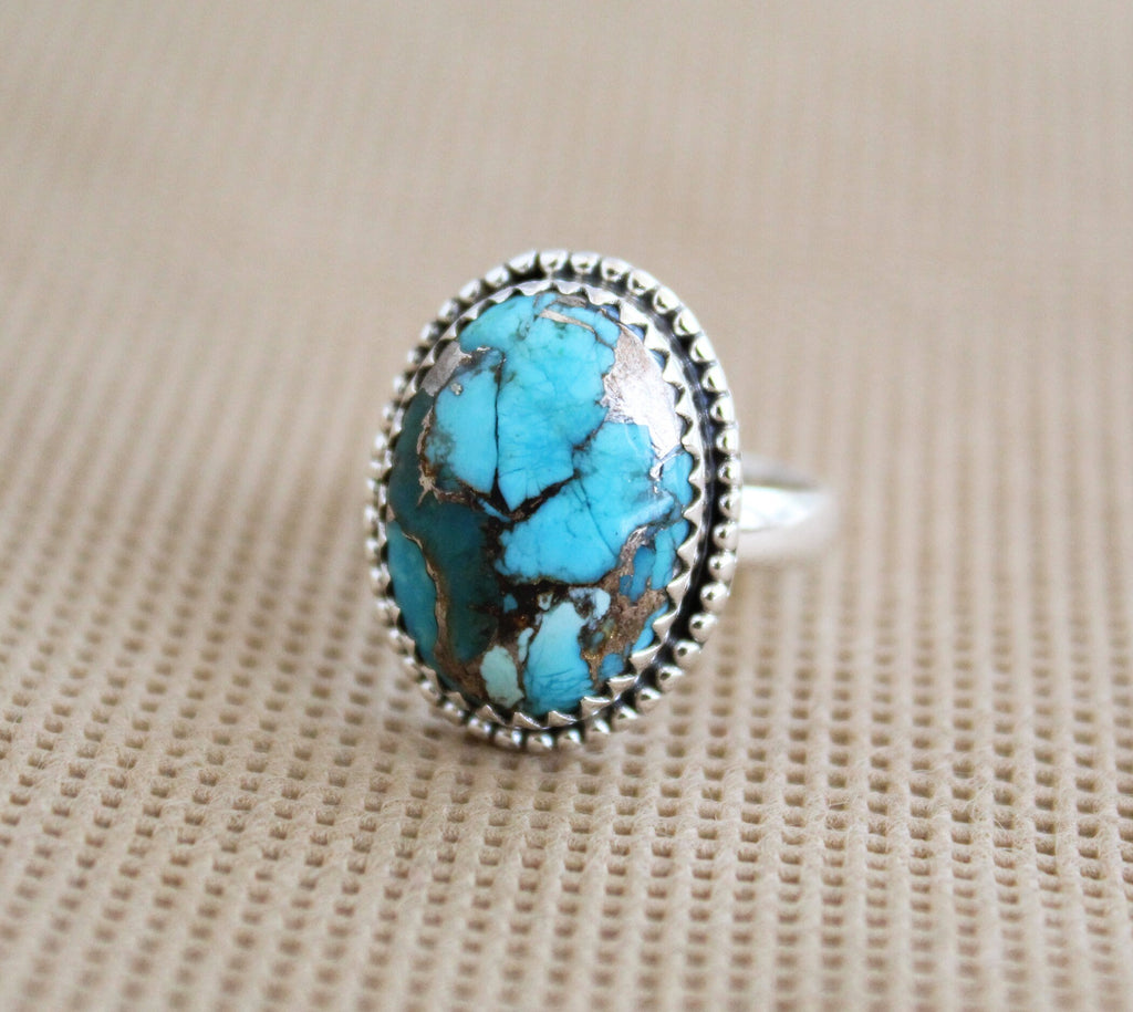 Sterling Silver Oval copper Turquoise Gemstone Ring, Bezel Solitaire Ring, Anniversary Ring
