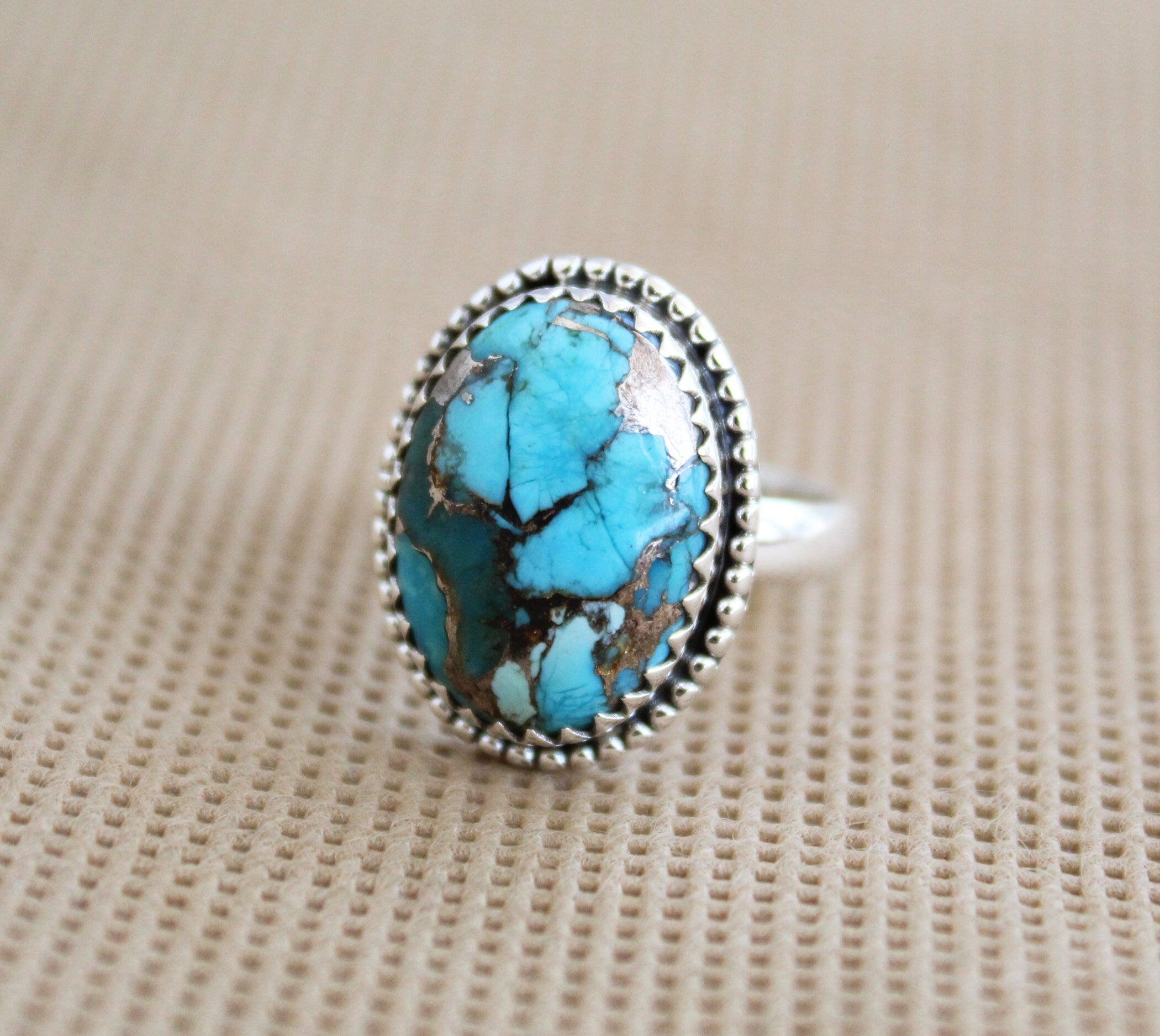 Sterling Silver Oval copper Turquoise Gemstone Ring, Bezel Solitaire Ring, Anniversary Ring