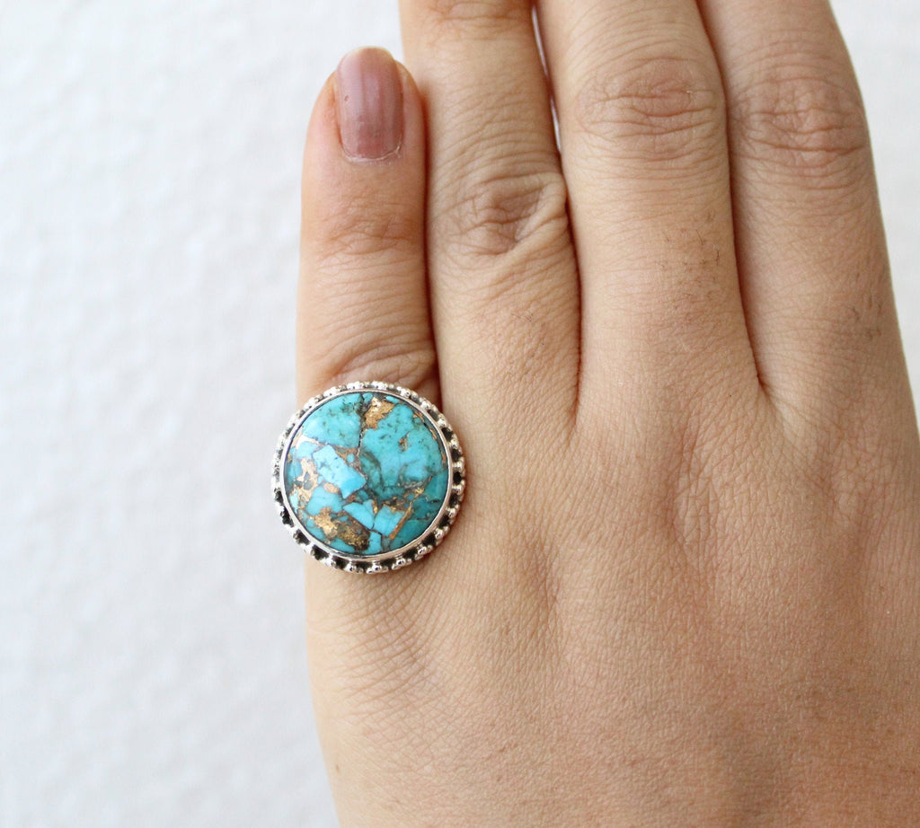 Sterling Silver round copper Turquoise Gemstone Ring, Boho Statement Jewelry, December Birthstone,
