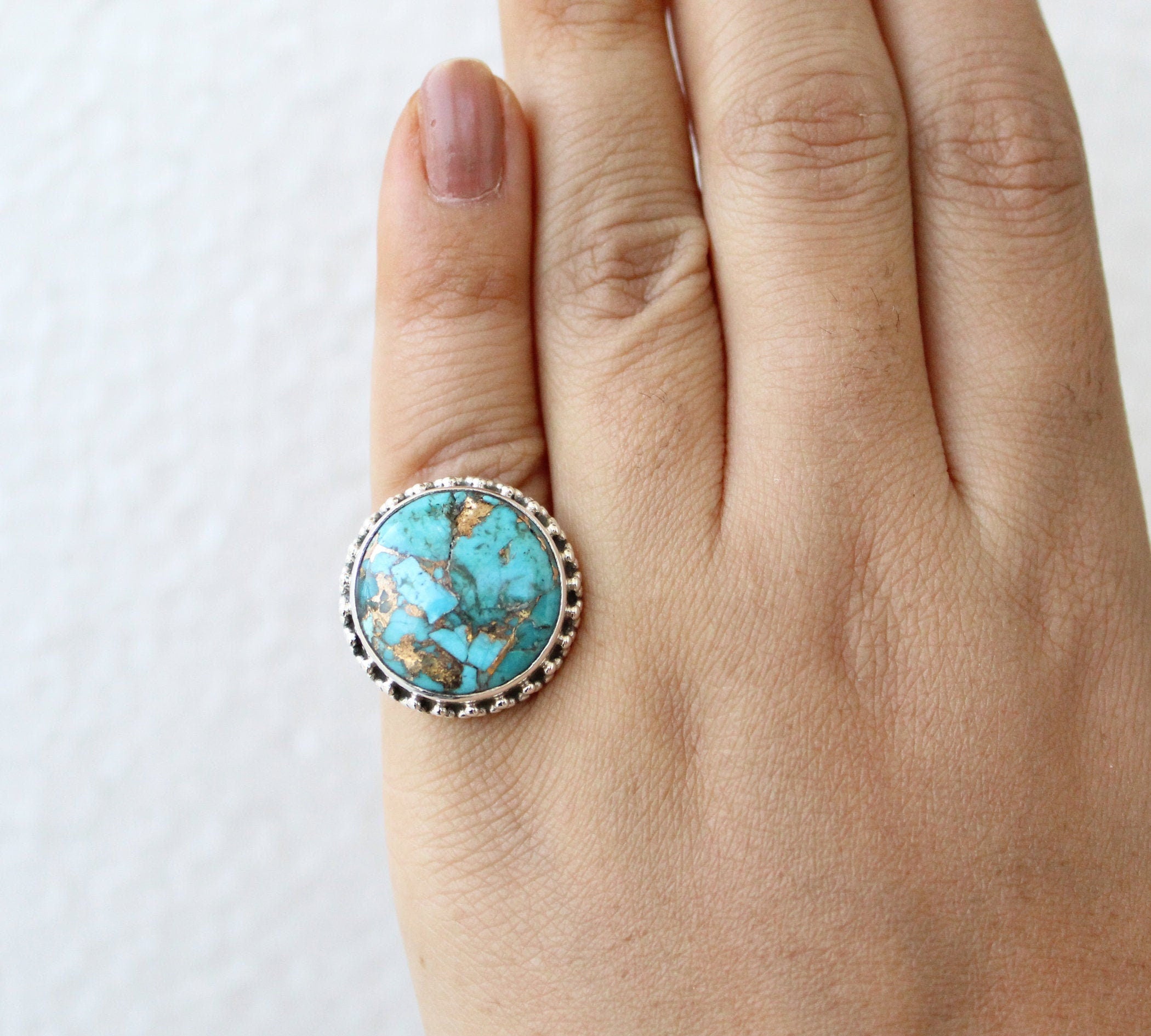 Sterling Silver round copper Turquoise Gemstone Ring, Boho Statement Jewelry, December Birthstone,