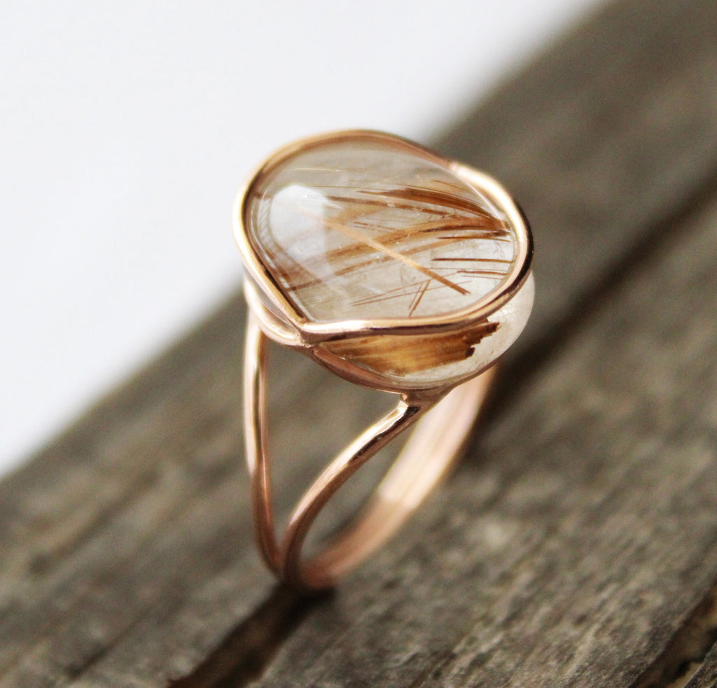 Golden Rutilated Quartz Ring, Sterling Silver, Gemini Birthstone, Natural Rutilated quartz, Gold Engagement Ring, Gift for Mom