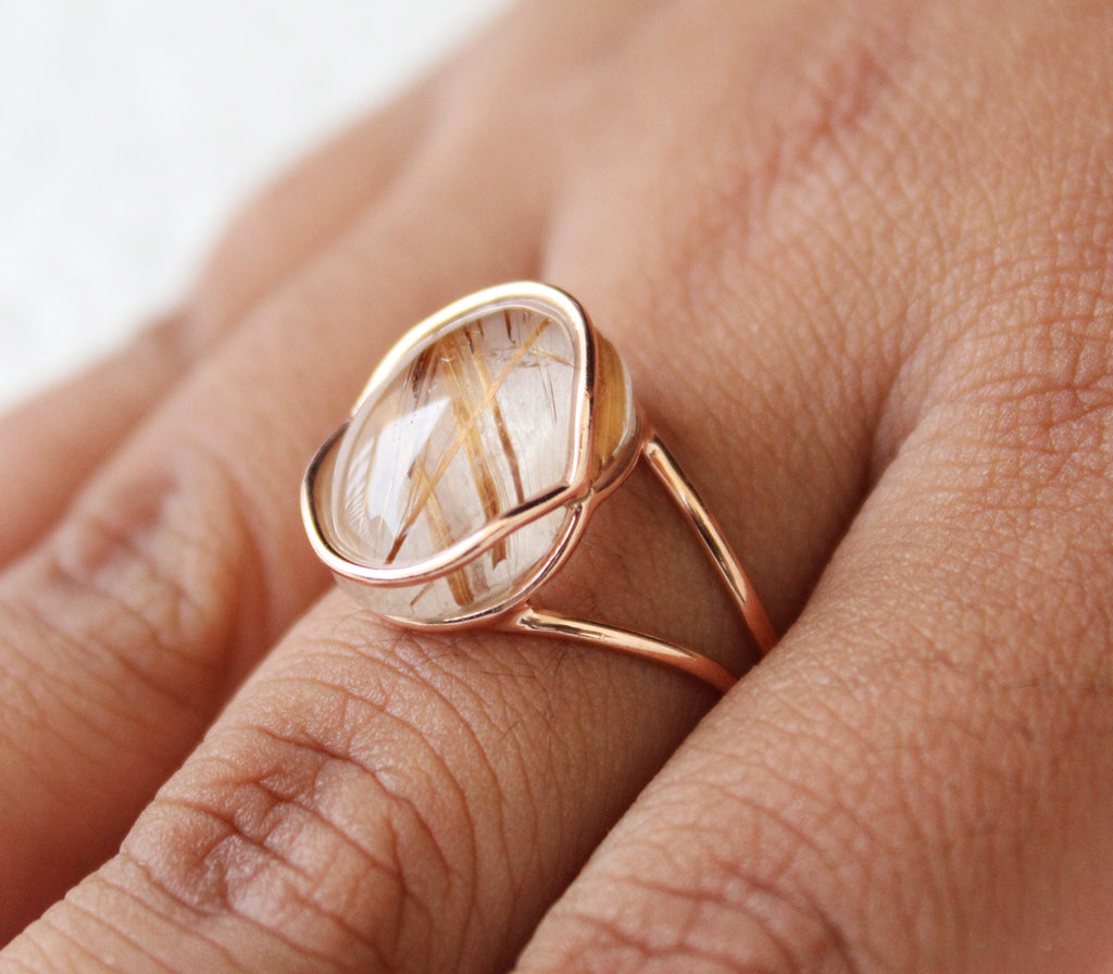 Golden Rutilated Quartz Ring, Sterling Silver, Gemini Birthstone, Natural Rutilated quartz, Gold Engagement Ring, Gift for Mom