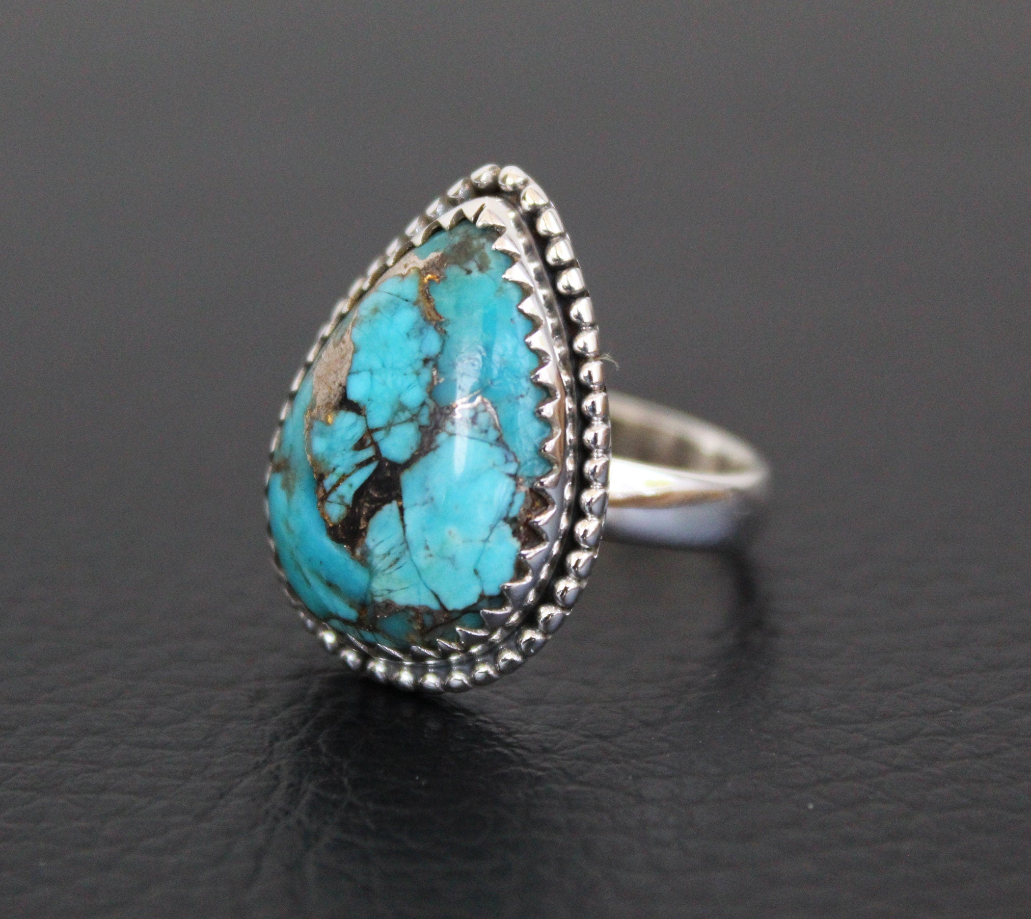 Copper Turquoise Ring, December Birthstone, Gift for Mom, turquoisering, silvered-turquoise