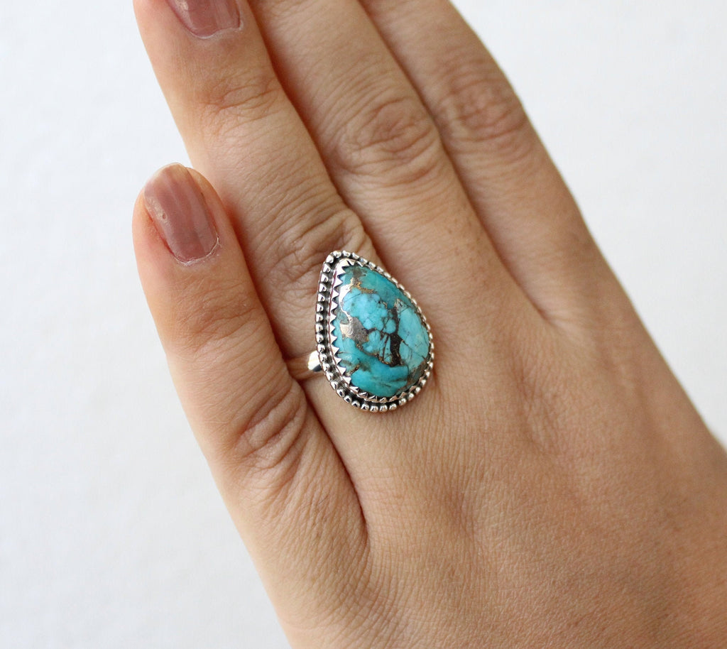 Copper Turquoise Ring, December Birthstone, Gift for Mom, turquoisering, silvered-turquoise