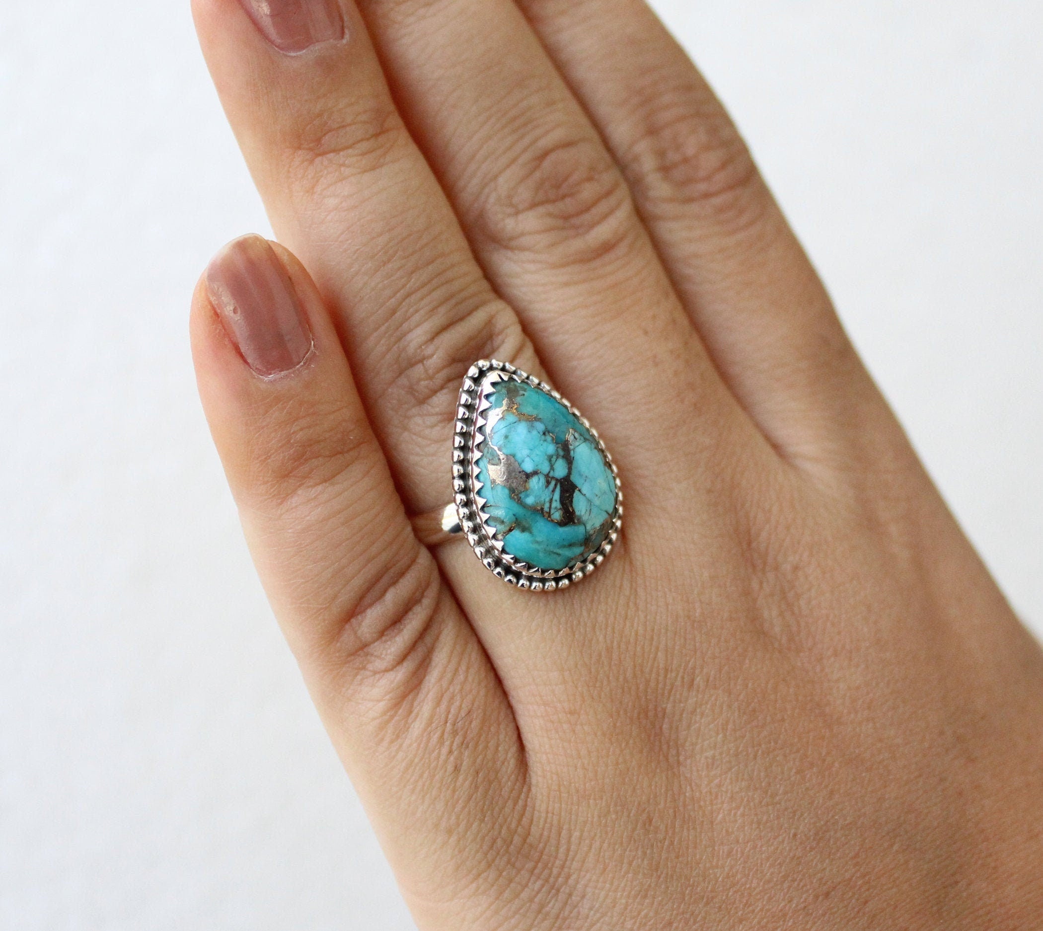 Copper Turquoise Ring, December Birthstone, Gift for Mom, turquoisering, silvered-turquoise
