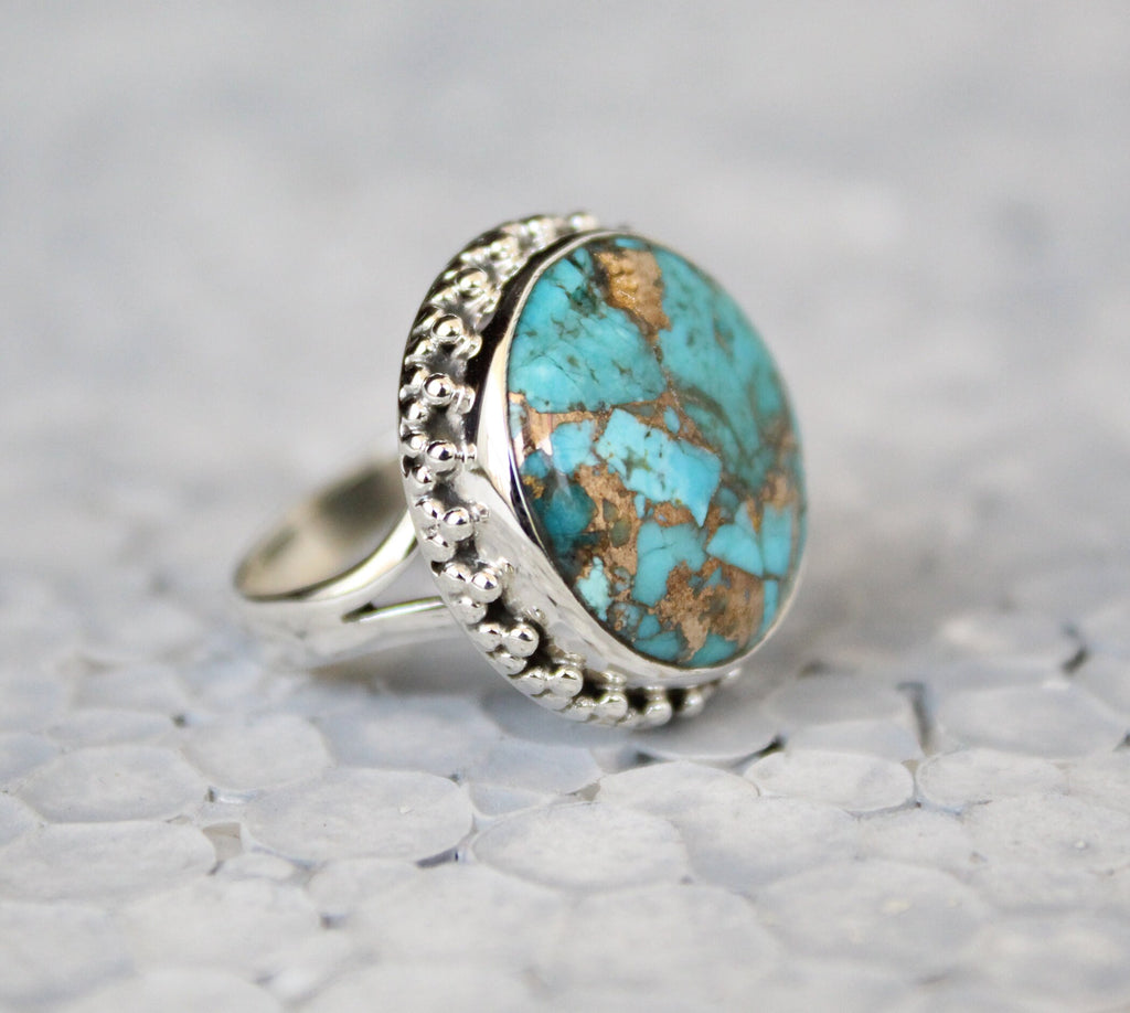 Sterling Silver round copper Turquoise Gemstone Ring, Boho Statement Jewelry, December Birthstone,