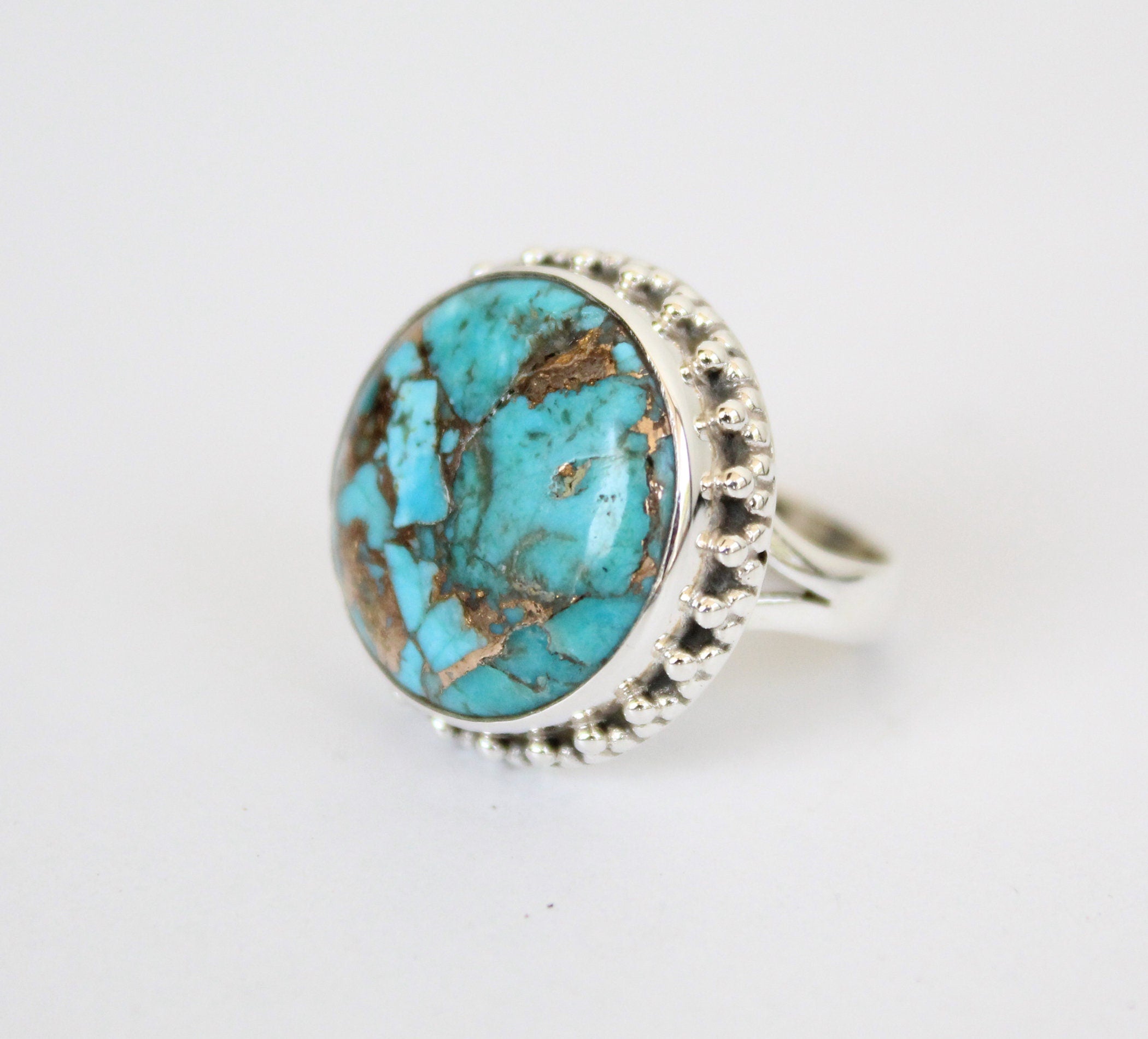 Sterling Silver round copper Turquoise Gemstone Ring, Boho Statement Jewelry, December Birthstone,