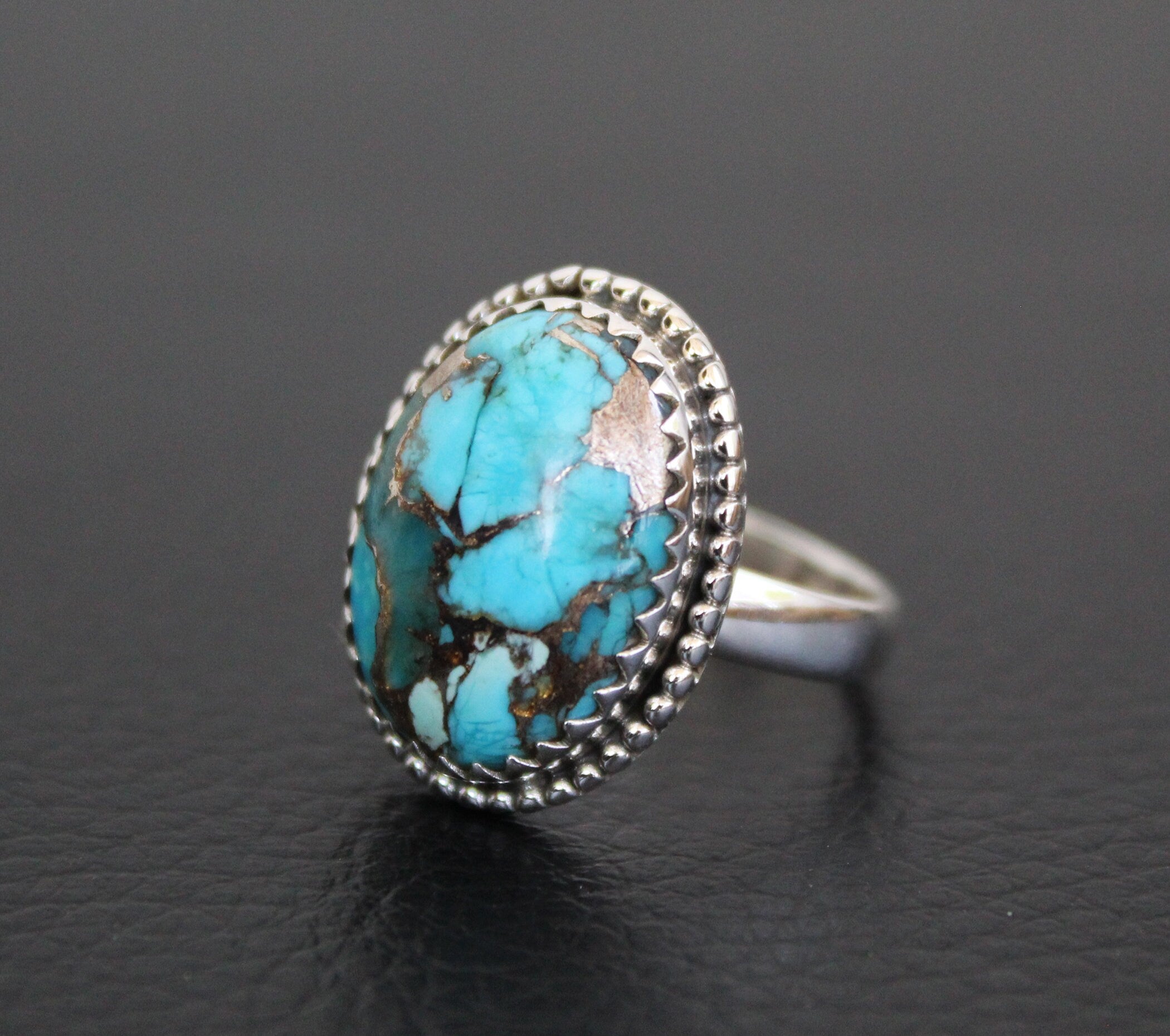 Sterling Silver Oval copper Turquoise Gemstone Ring, Bezel Solitaire Ring, Anniversary Ring