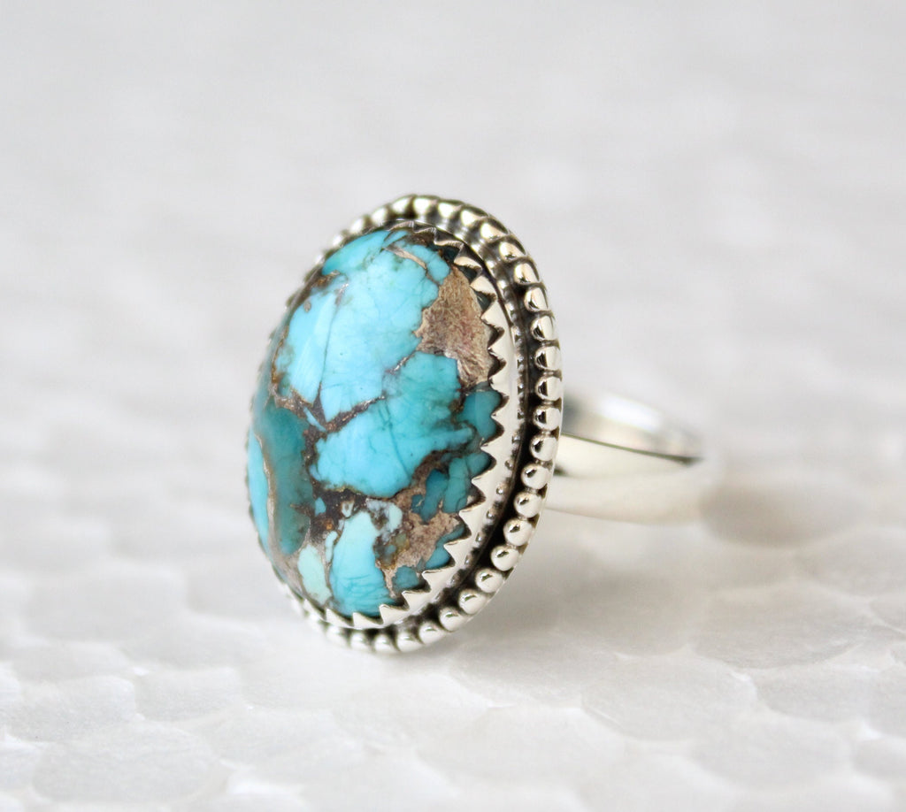 Sterling Silver Oval copper Turquoise Gemstone Ring, Bezel Solitaire Ring, Anniversary Ring