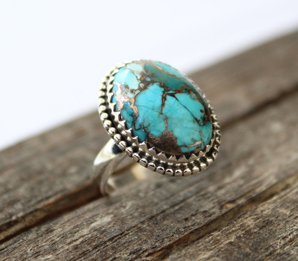 Sterling Silver Oval copper Turquoise Gemstone Ring, Bezel Solitaire Ring, Anniversary Ring