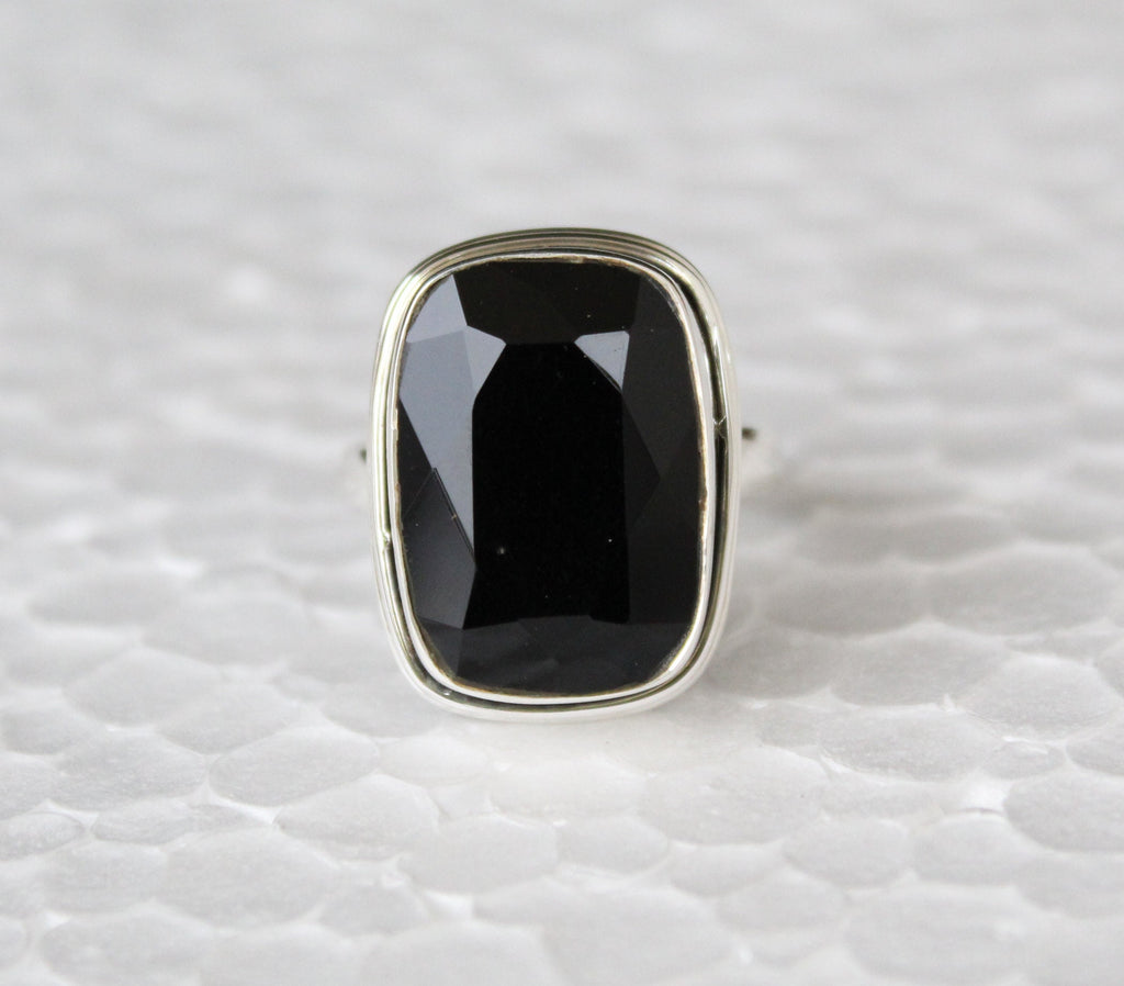 Black Onyx Sterling Silver Ring: Large Rectangle Birthstone Jewelry