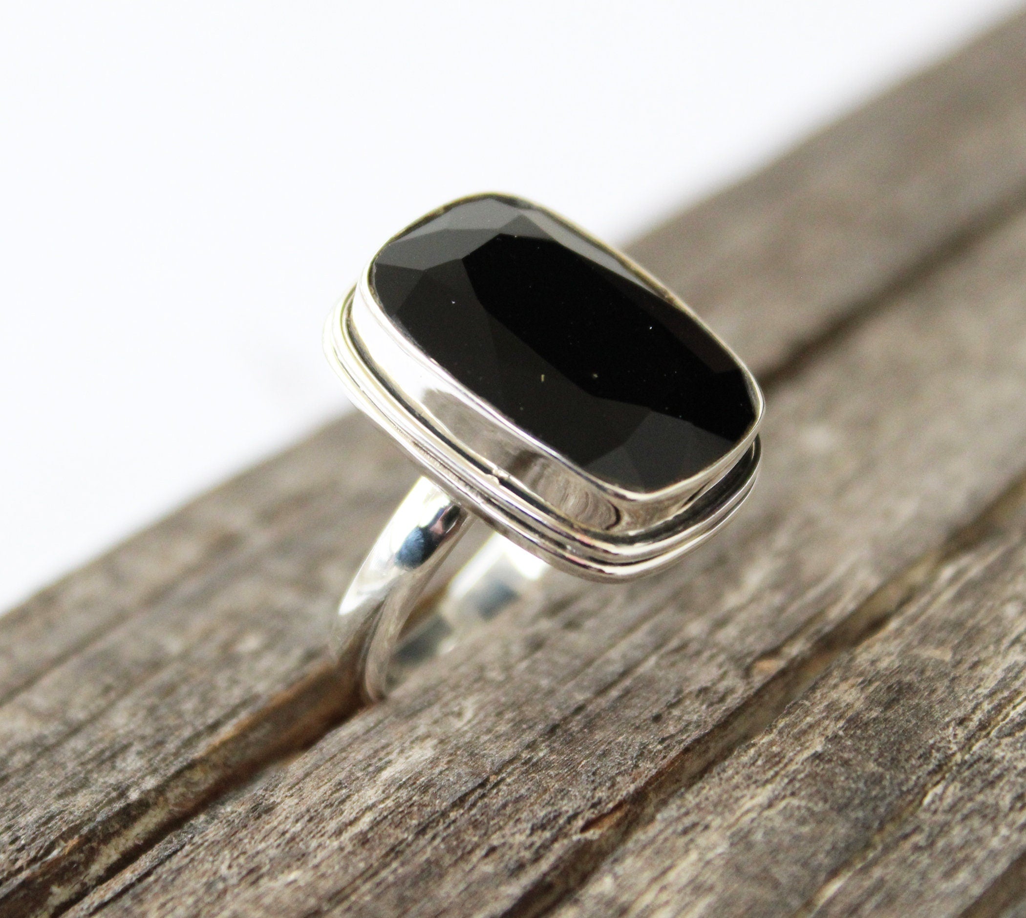 Black Onyx Sterling Silver Ring: Large Rectangle Birthstone Jewelry
