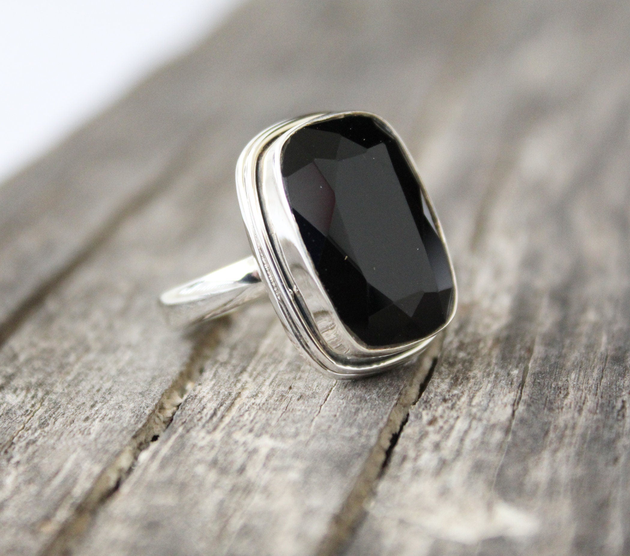 Black Onyx Sterling Silver Ring: Large Rectangle Birthstone Jewelry