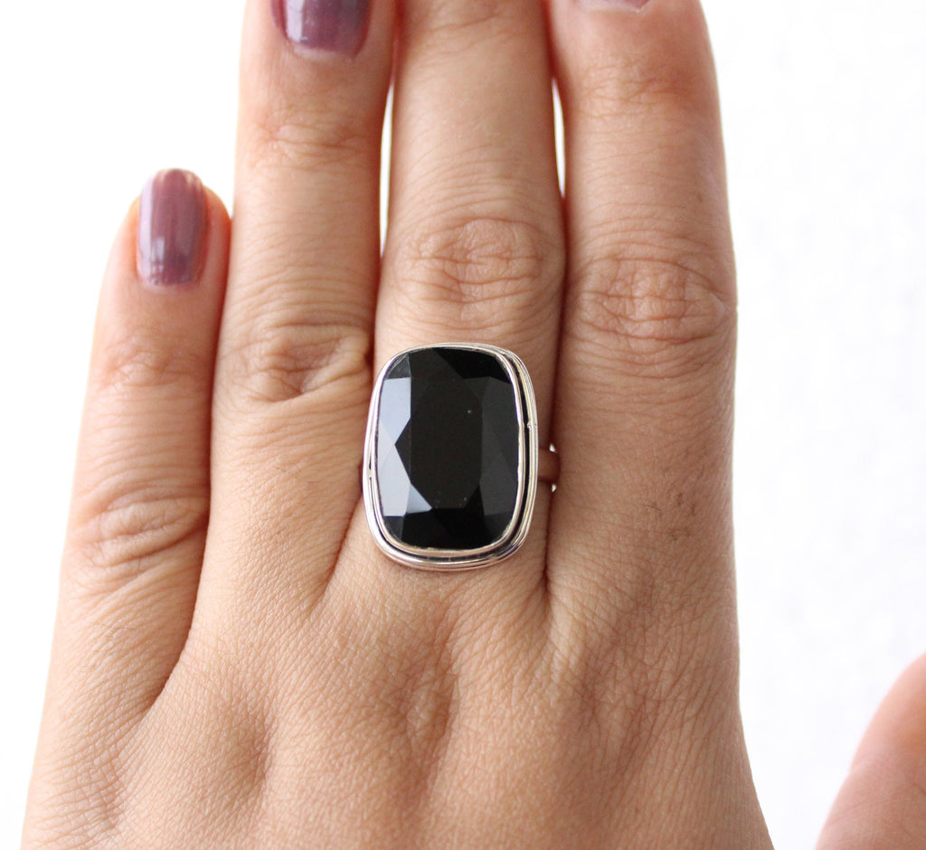 Black Onyx Sterling Silver Ring: Large Rectangle Birthstone Jewelry