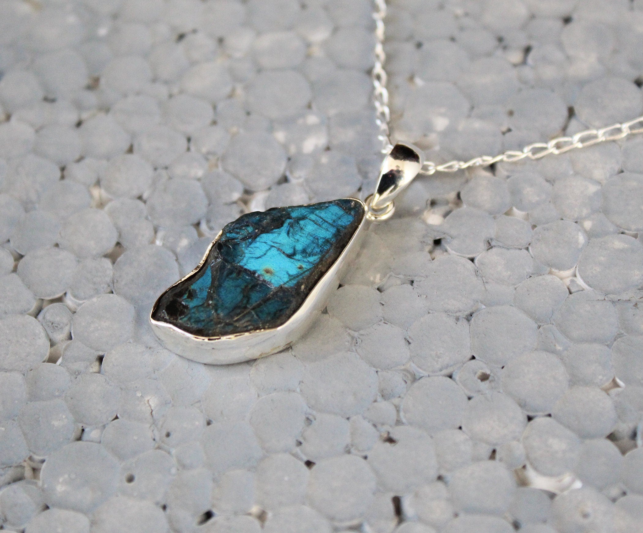 Raw Labradorite Pendant Necklace: Sterling Silver Framed Stone