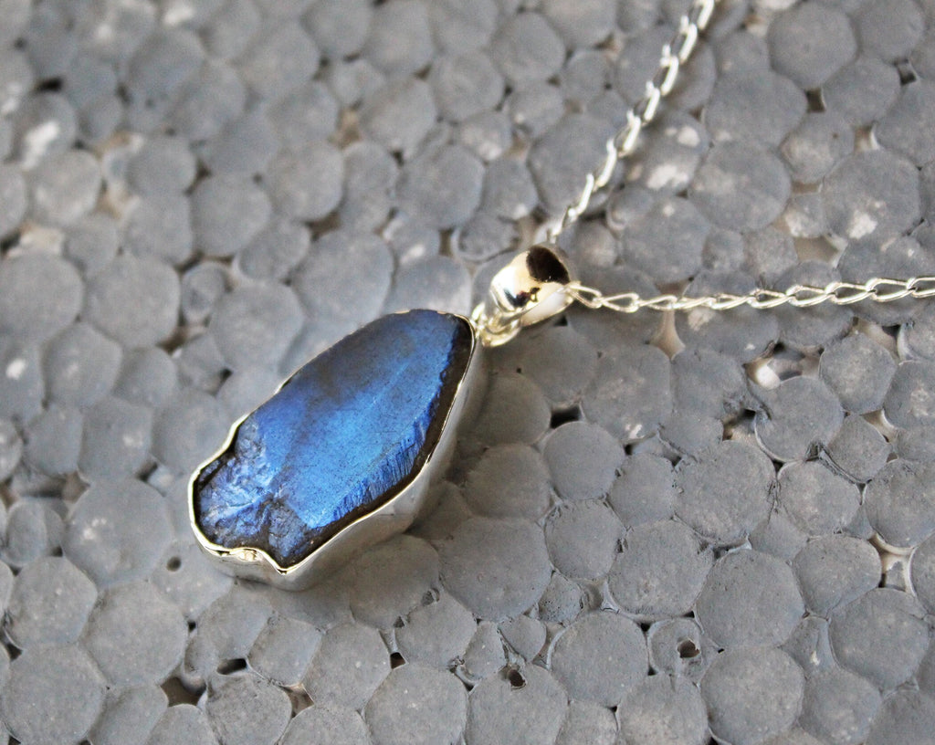 Raw Labradorite Pendant Necklace: Sterling Silver Framed Stone