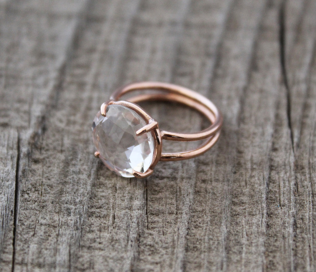 Clear Crystal Ring, 14K Gold Vermiel, Minimalist Delicate Ring, 925 Sterling Silver Crystal Quartz Ring, Handmade Quartz Jewelry