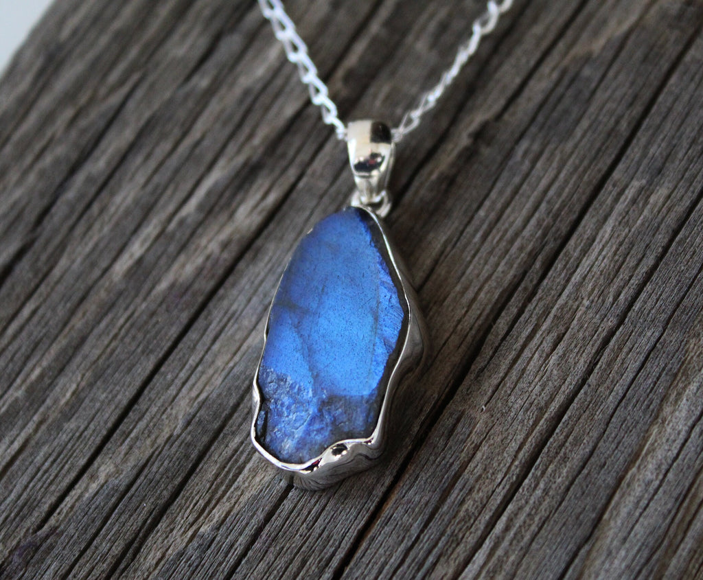 Raw Labradorite Pendant Necklace: Sterling Silver Framed Stone