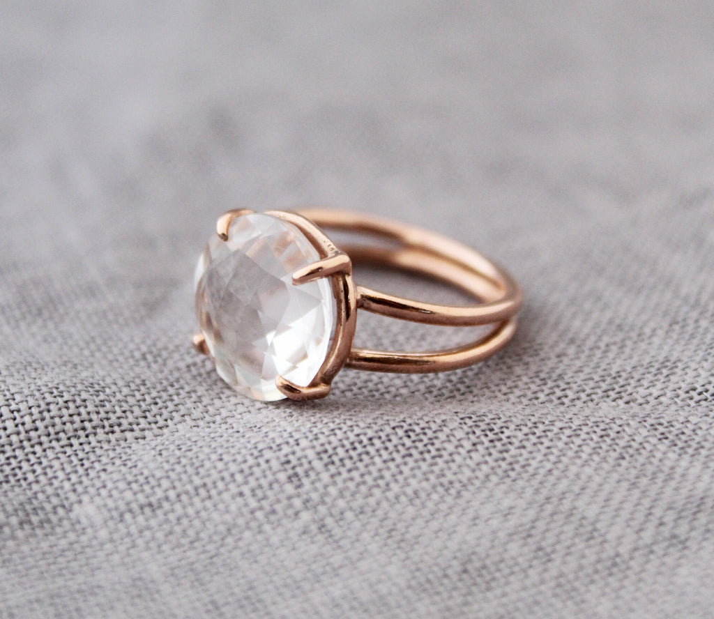 Clear Crystal Ring, 14K Gold Vermiel, Minimalist Delicate Ring, 925 Sterling Silver Crystal Quartz Ring, Handmade Quartz Jewelry