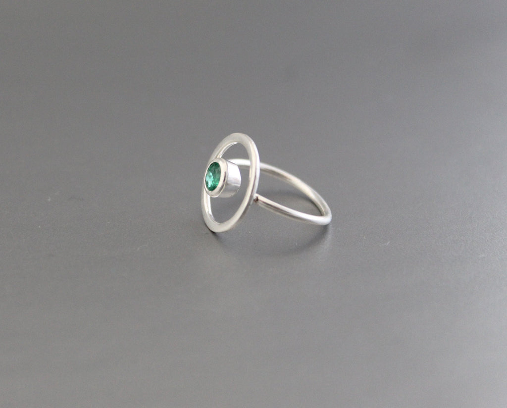 Natural Emerald Sterling Silver Ring, Modern May Birthstone Jewelry, emerald engagment ring