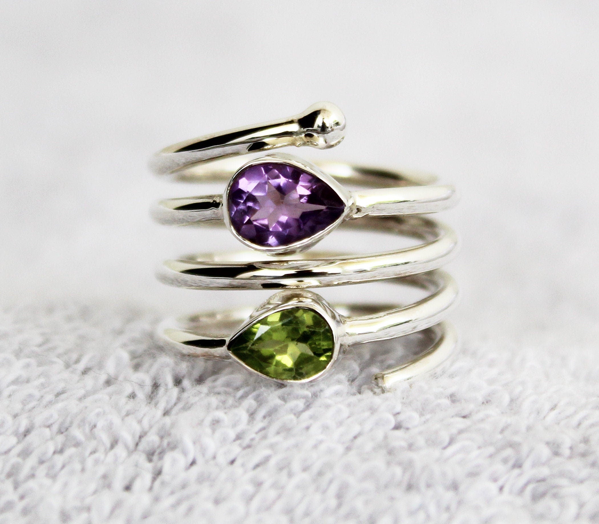 Amethyst Ring, Sterling Silver Spiral Ring, Multi Stone, Feburary August Birthstone, Natural Peridot Sterling Silver Ring