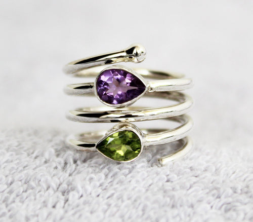 Amethyst Ring, Sterling Silver Spiral Ring, Multi Stone, Feburary August Birthstone, Natural Peridot Sterling Silver Ring