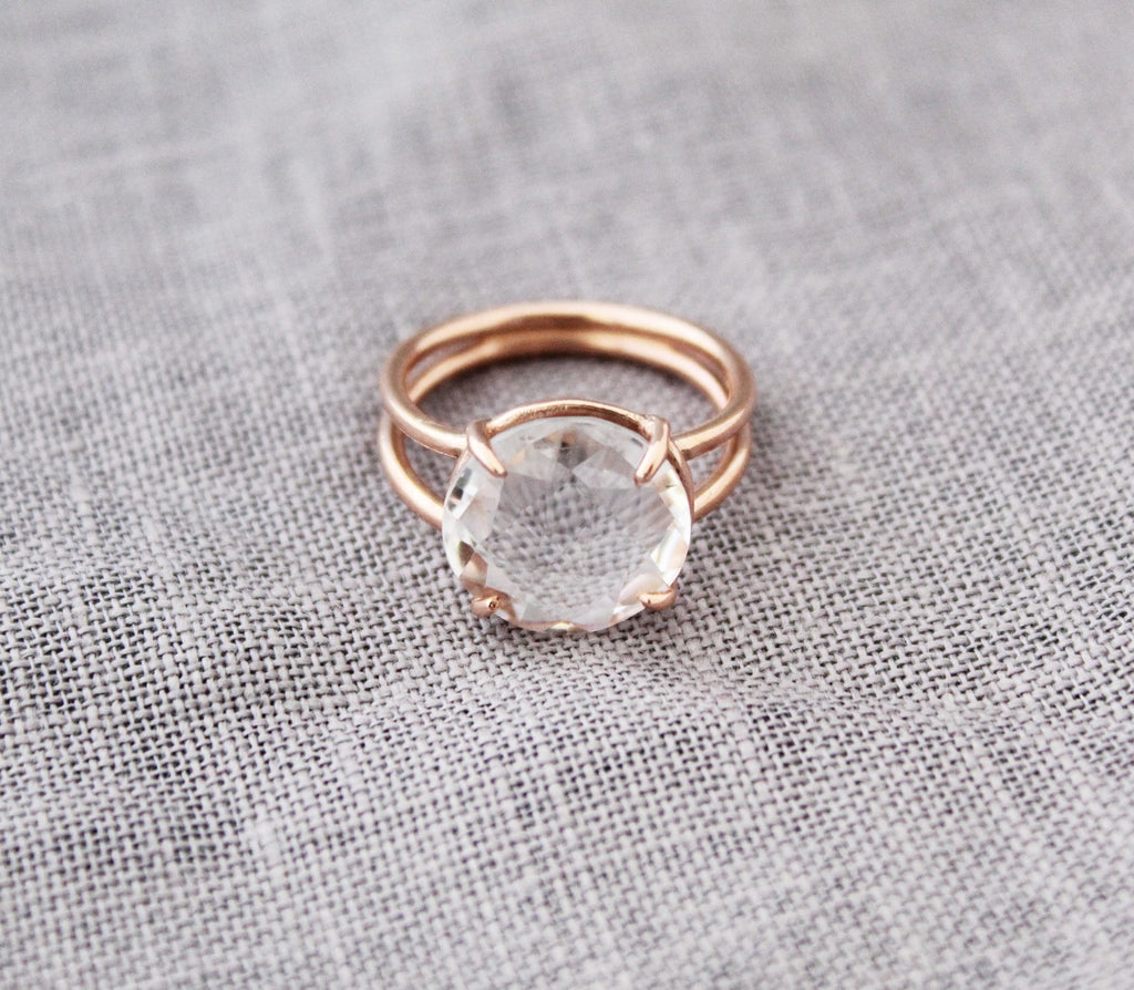 Clear Crystal Ring, 14K Gold Vermiel, Minimalist Delicate Ring, 925 Sterling Silver Crystal Quartz Ring, Handmade Quartz Jewelry