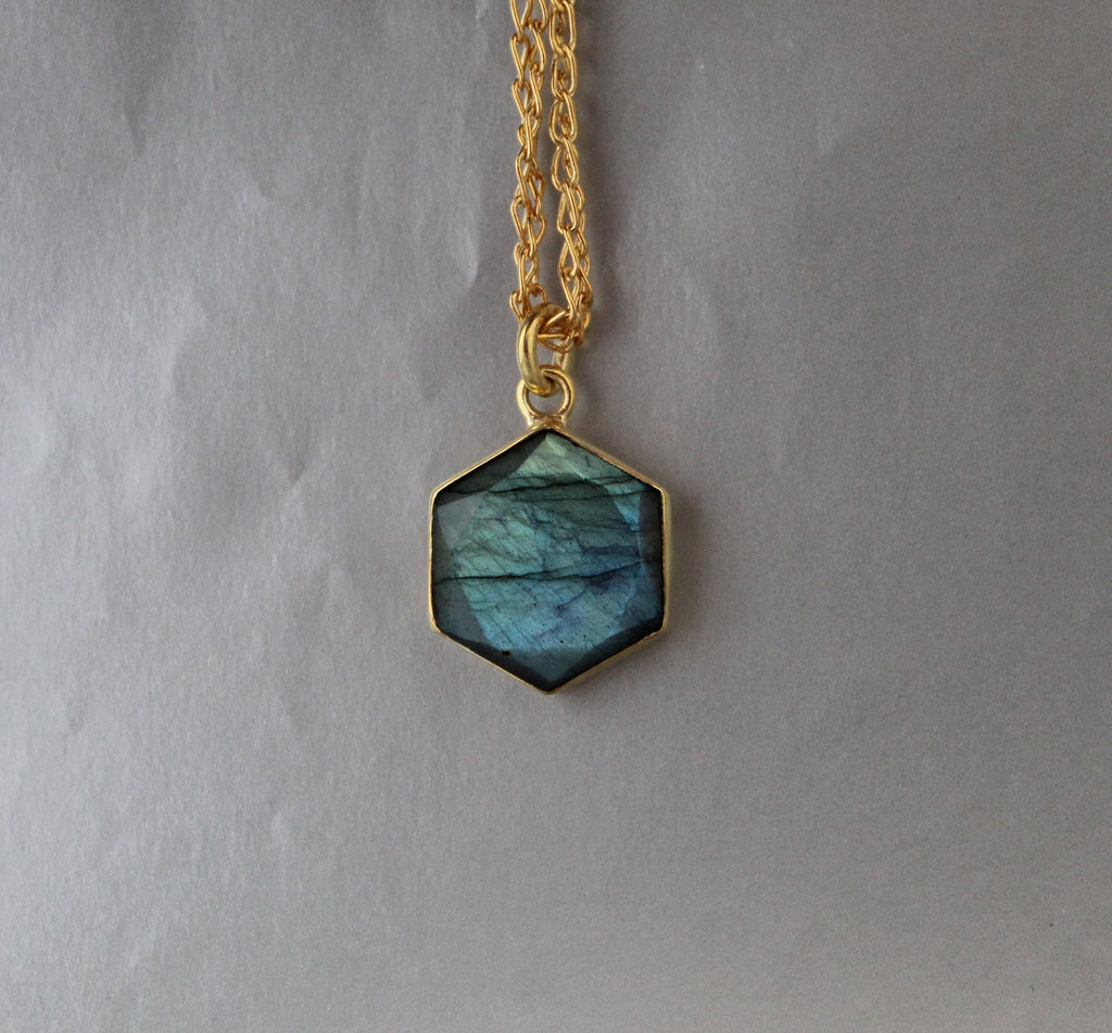 Labradorite Necklace, Hexagon Necklace, Crystal Necklace, Healing Energy Stone Moonstone, Gemstone Charm Necklace, Birthday Gift
