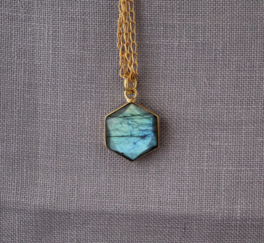 Labradorite Necklace, Hexagon Necklace, Crystal Necklace, Healing Energy Stone Moonstone, Gemstone Charm Necklace, Birthday Gift