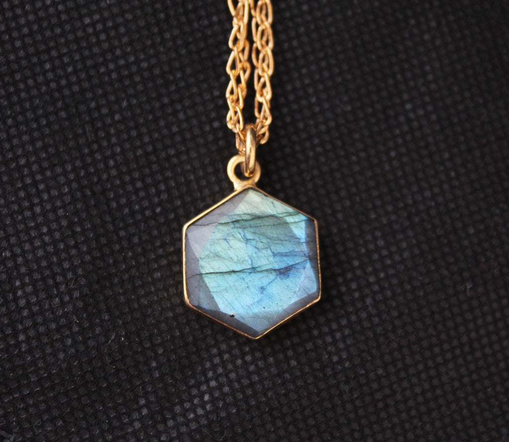 Labradorite Necklace, Hexagon Necklace, Crystal Necklace, Healing Energy Stone Moonstone, Gemstone Charm Necklace, Birthday Gift