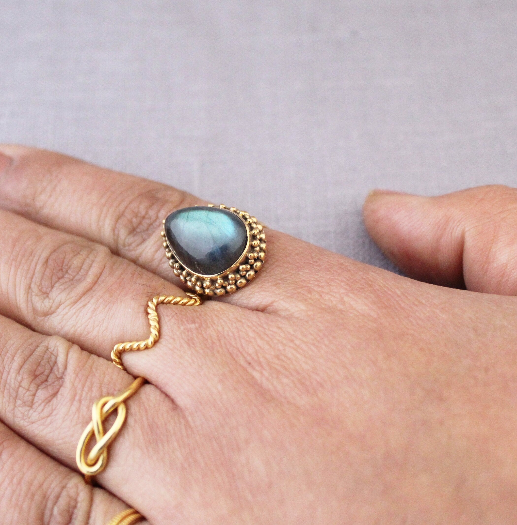 Pear Labradorite Ring: Antique Gold Art Deco Bohemian Jewelry