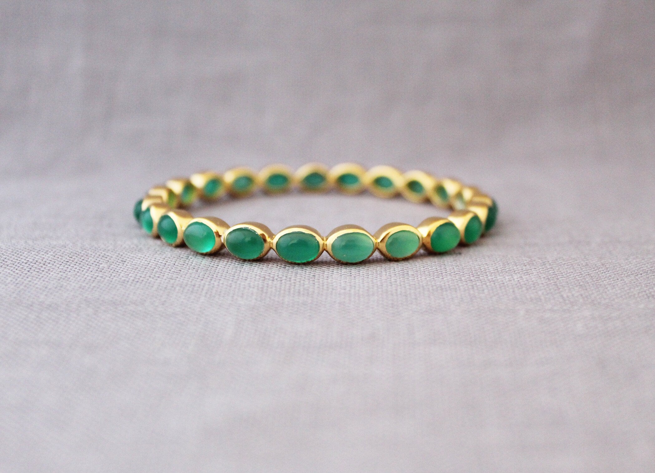Handmade Green Onyx Bangle: 18K Gold Plated Birthstone Bracelet