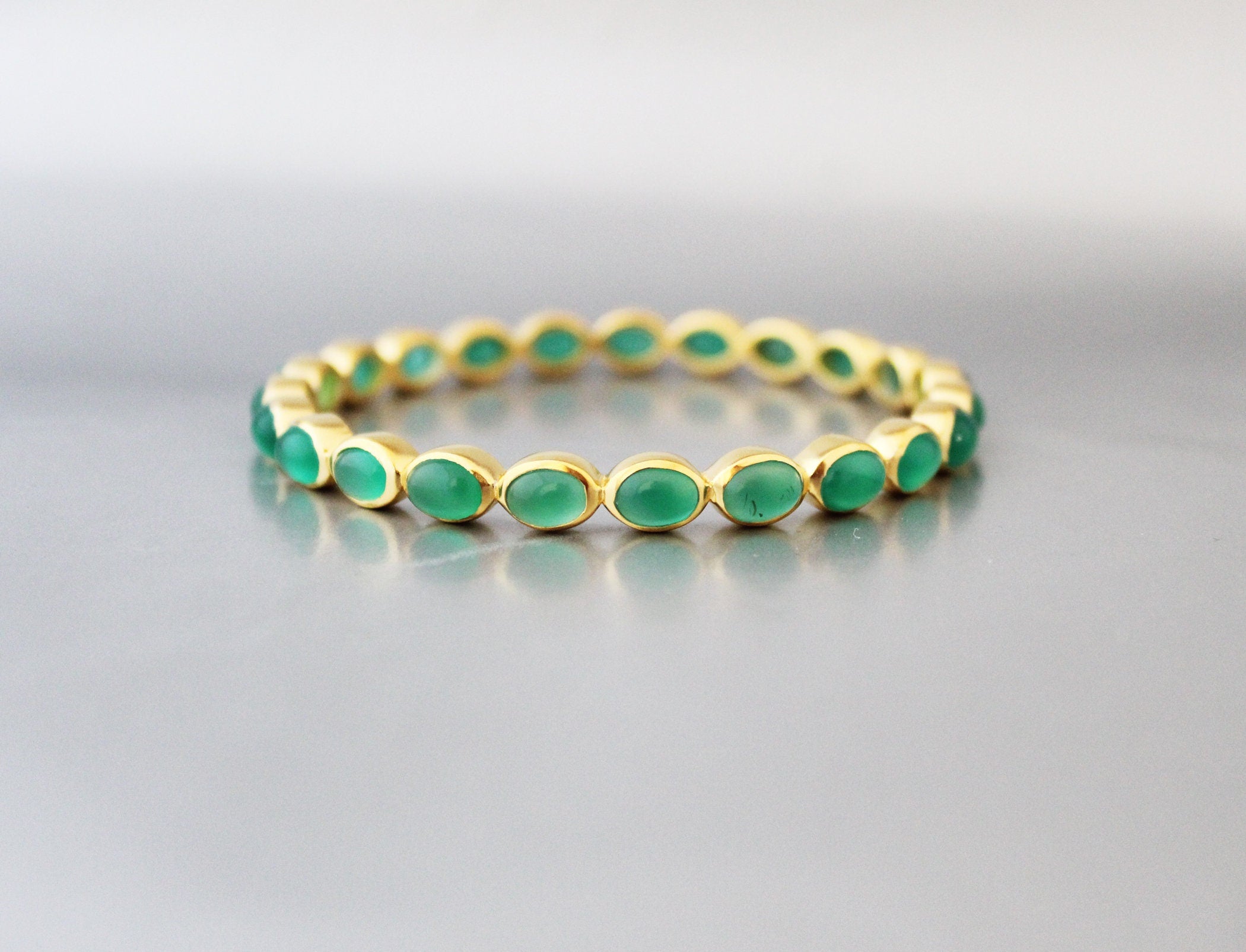 Handmade Green Onyx Bangle: 18K Gold Plated Birthstone Bracelet
