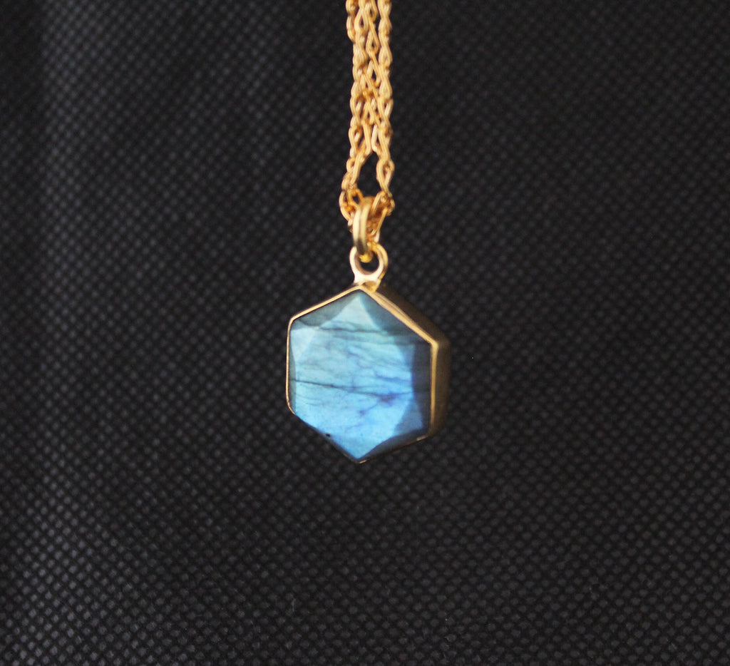 Labradorite Necklace, Hexagon Necklace, Crystal Necklace, Healing Energy Stone Moonstone, Gemstone Charm Necklace, Birthday Gift