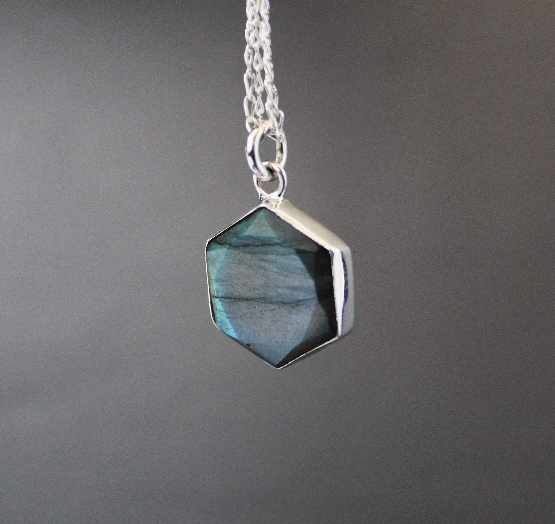 Labradorite Sterling Silver Necklace: Hexagon Gemstone Pendant