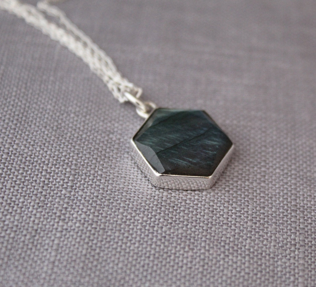 Labradorite Sterling Silver Necklace: Hexagon Gemstone Pendant