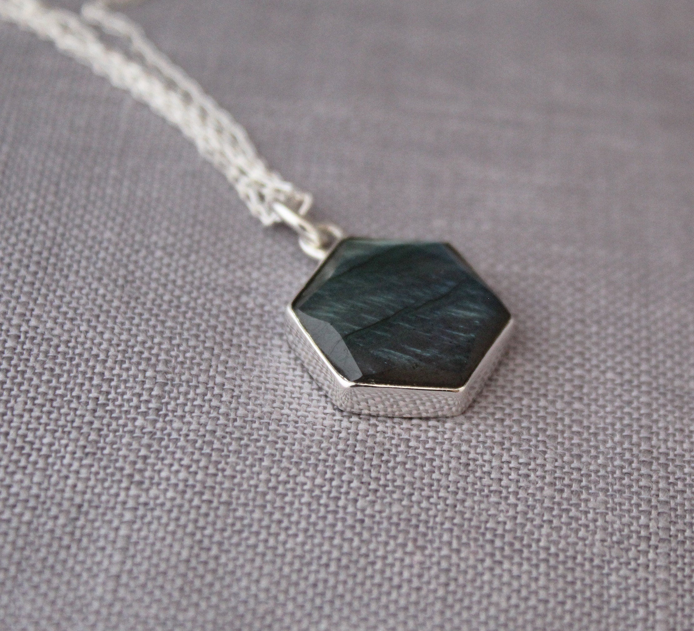 Labradorite Sterling Silver Necklace: Hexagon Gemstone Pendant