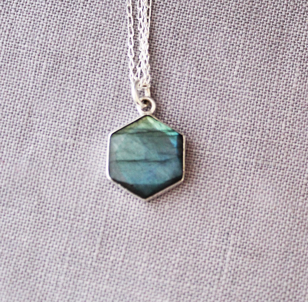 Labradorite Sterling Silver Necklace: Hexagon Gemstone Pendant